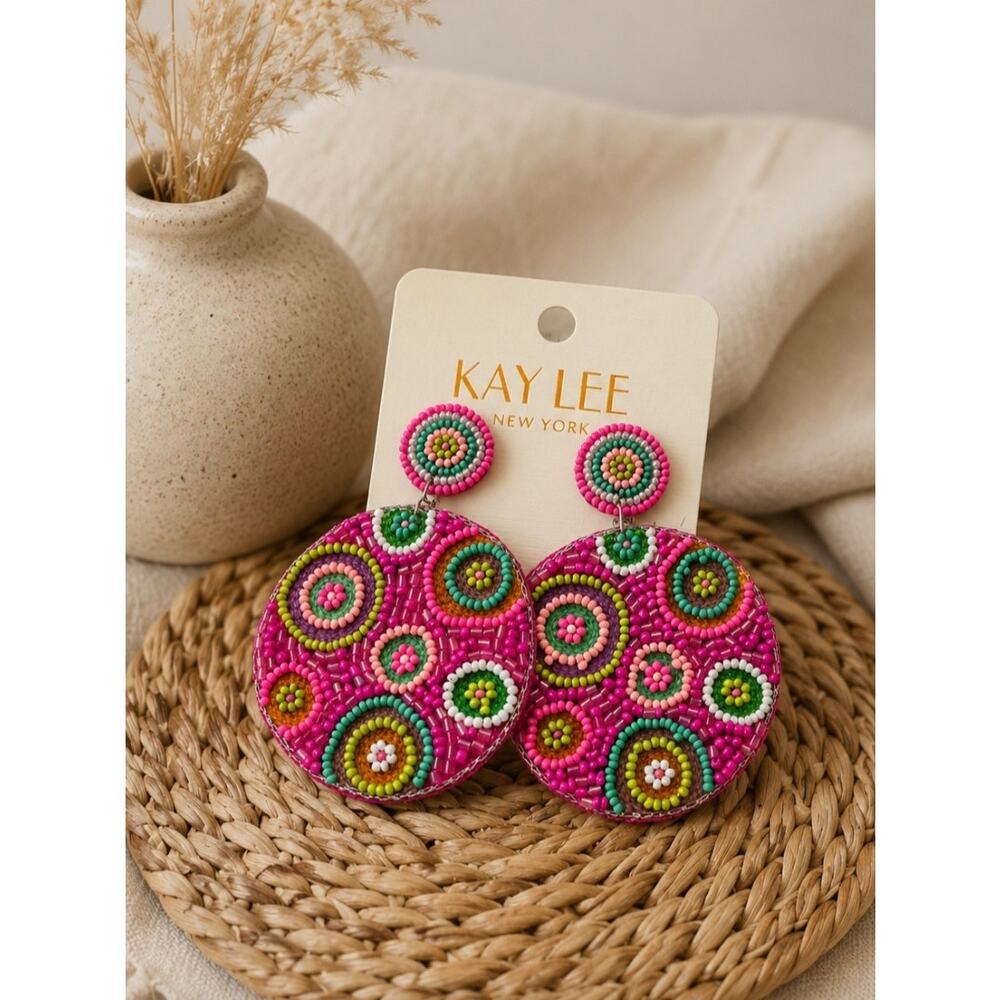 Kay Lee Pink Colorful Circle Boho Beaded Earrings New - Picture 3 of 3